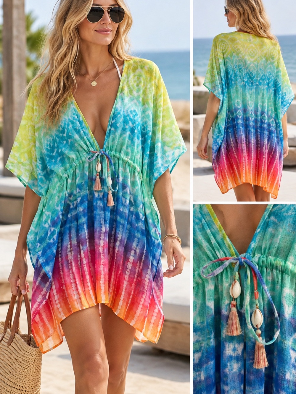 Women’s Rainbow Tie-Dye Swim Cover-Up by Bleu/Rod Beattie with seashell tassels